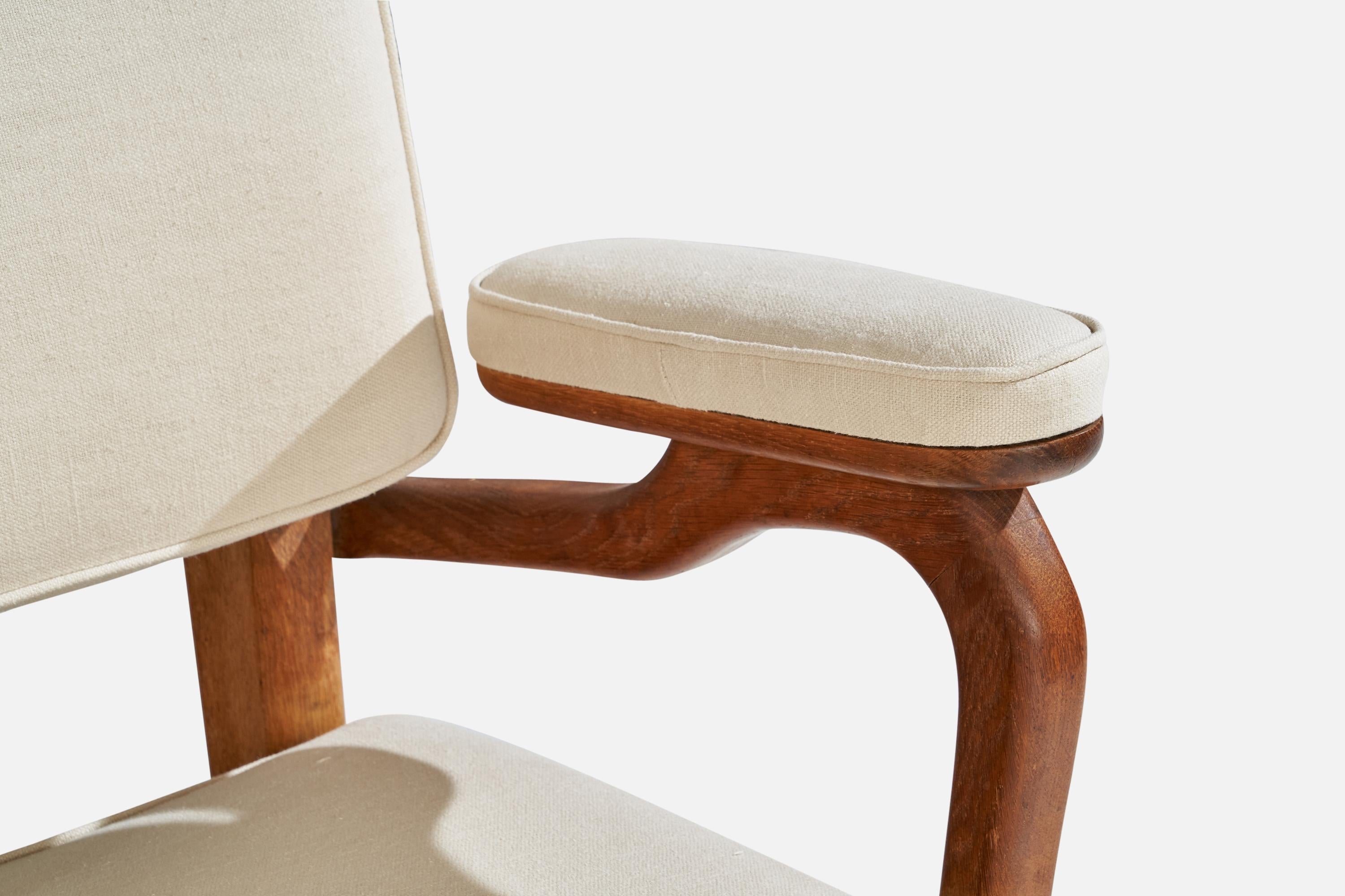 French Designer, Lounge Chair, Oak, Fabric, France, 1950s 7