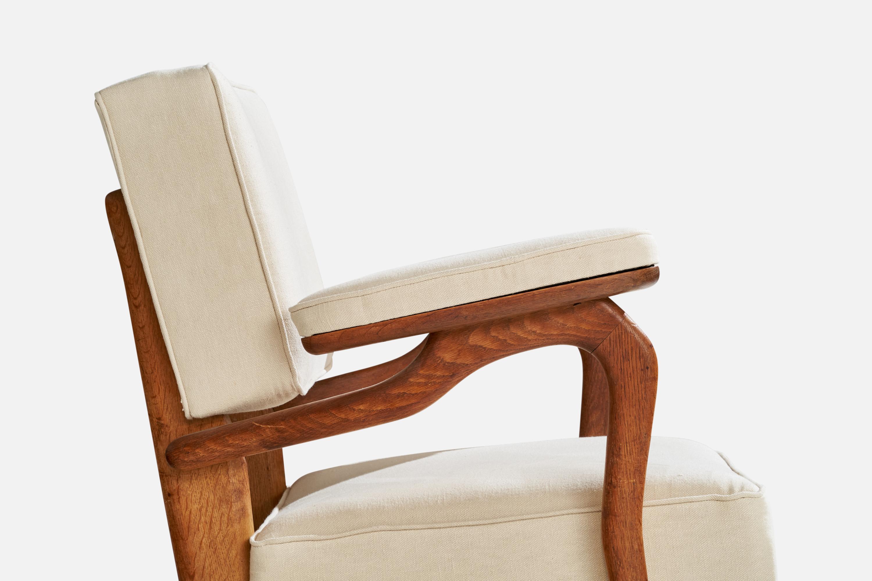 French Designer, Lounge Chair, Oak, Fabric, France, 1950s 8