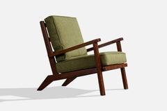 Französischer Designer, Loungesessel, Eiche, Stoff, Frankreich, 1950er Jahre