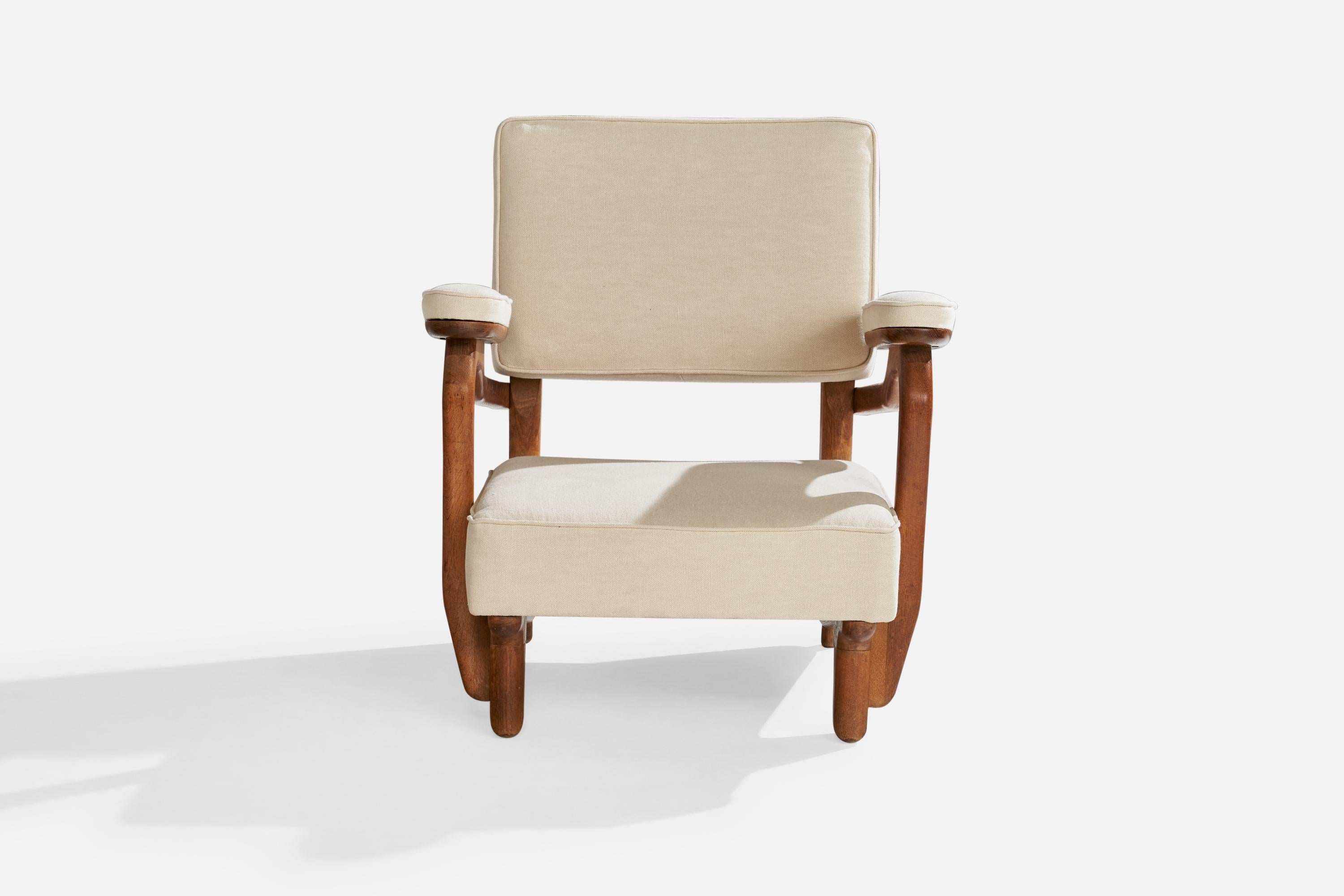Mid-Century Modern French Designer, Lounge Chair, Oak, Fabric, France, 1950s