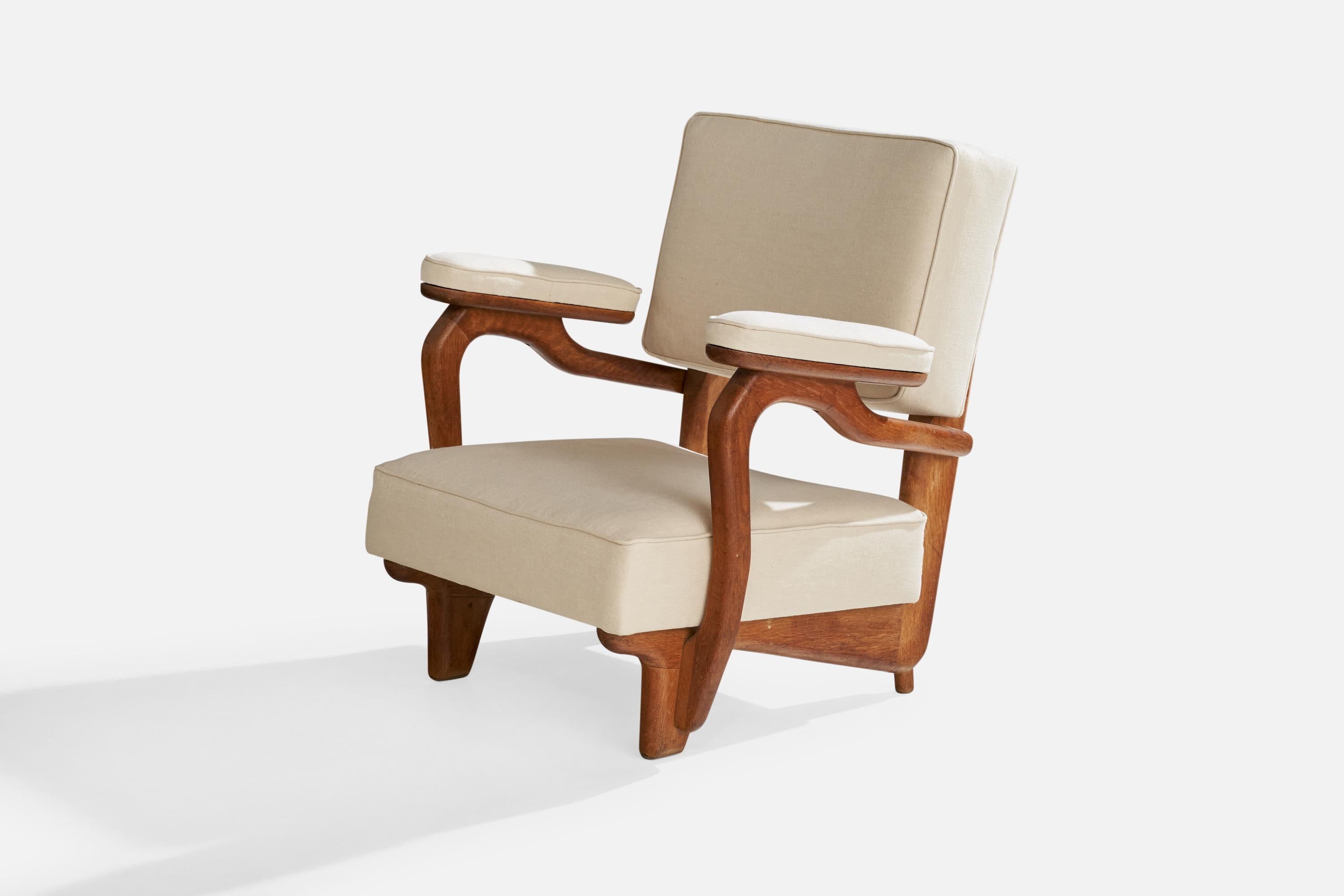 French Designer, Lounge Chair, Oak, Fabric, France, 1950s In Good Condition In High Point, NC
