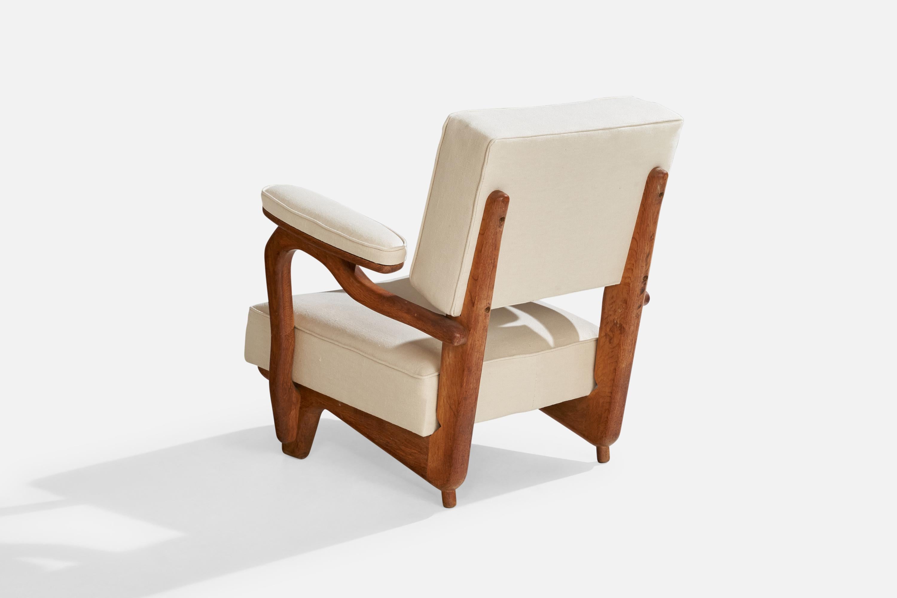 Mid-20th Century French Designer, Lounge Chair, Oak, Fabric, France, 1950s