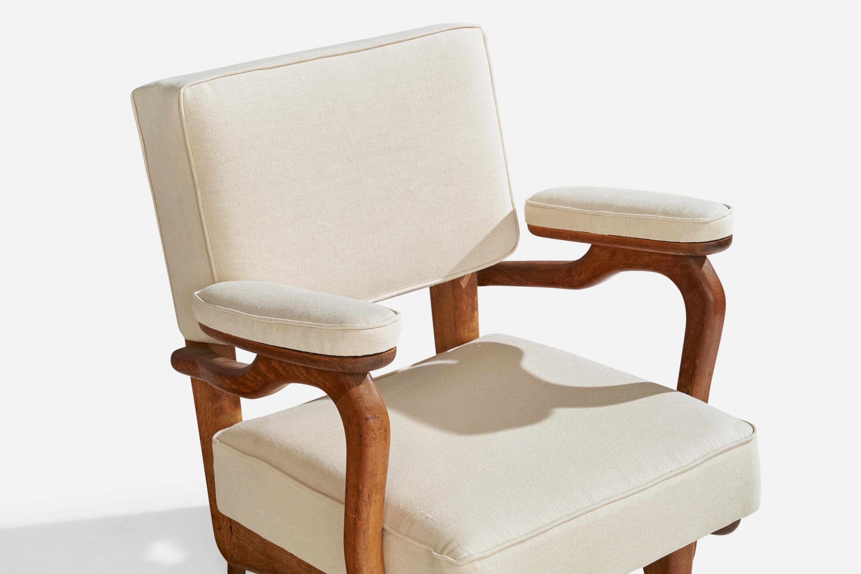 French Designer, Lounge Chair, Oak, Fabric, France, 1950s 2