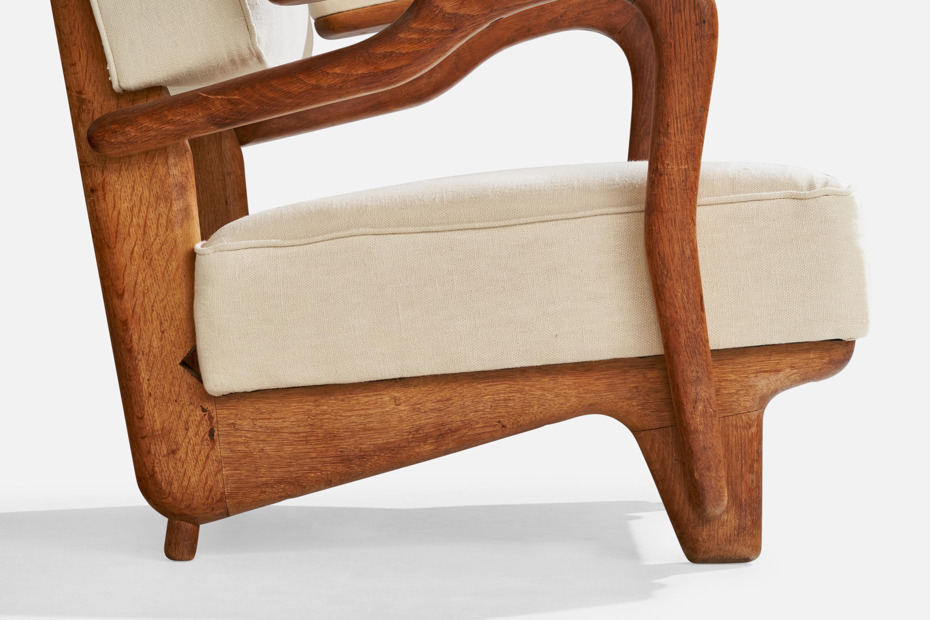 French Designer, Lounge Chair, Oak, Fabric, France, 1950s 4
