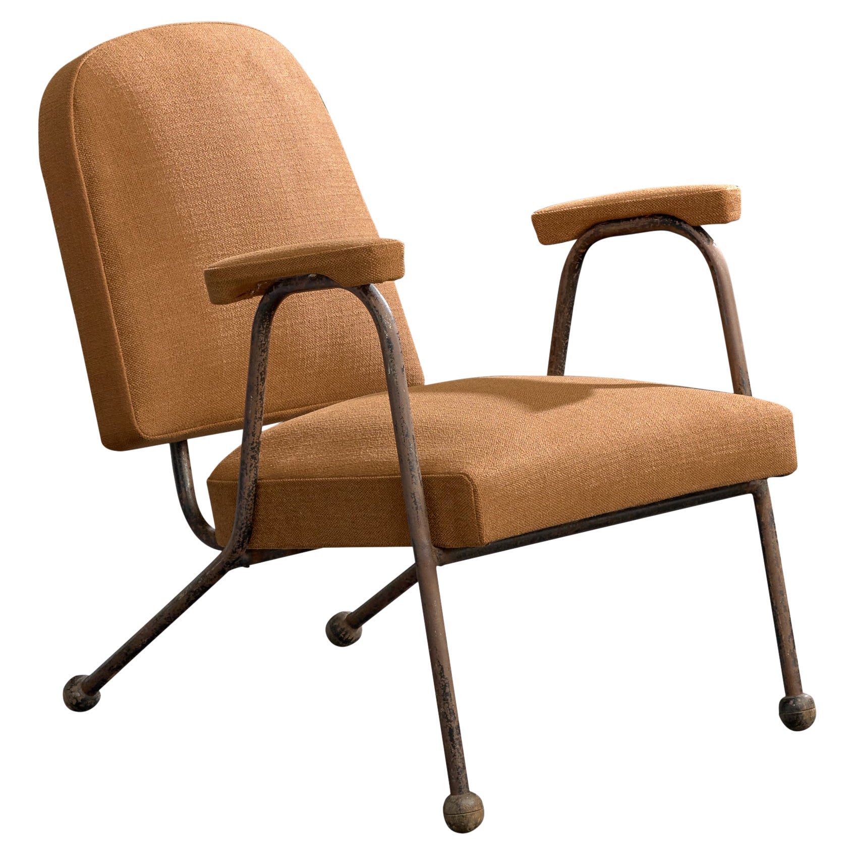 Französischer Designer, Loungesessel, Stahl, Holz, Stoff, Frankreich, 1930er Jahre