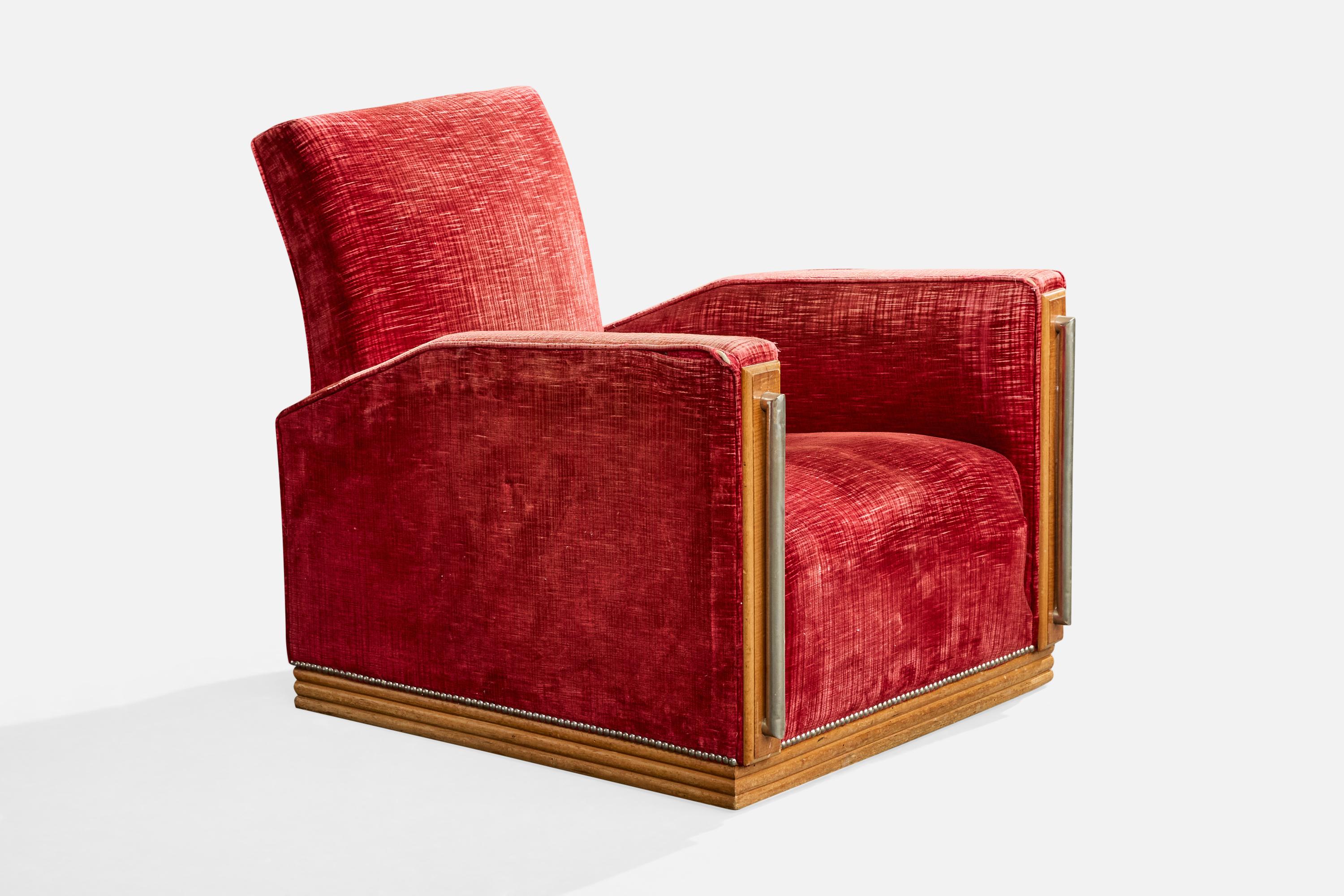 Mid-Century Modern Designer français, chaise longue avec pouf, Wood, velours, métal, France, années 1930 en vente