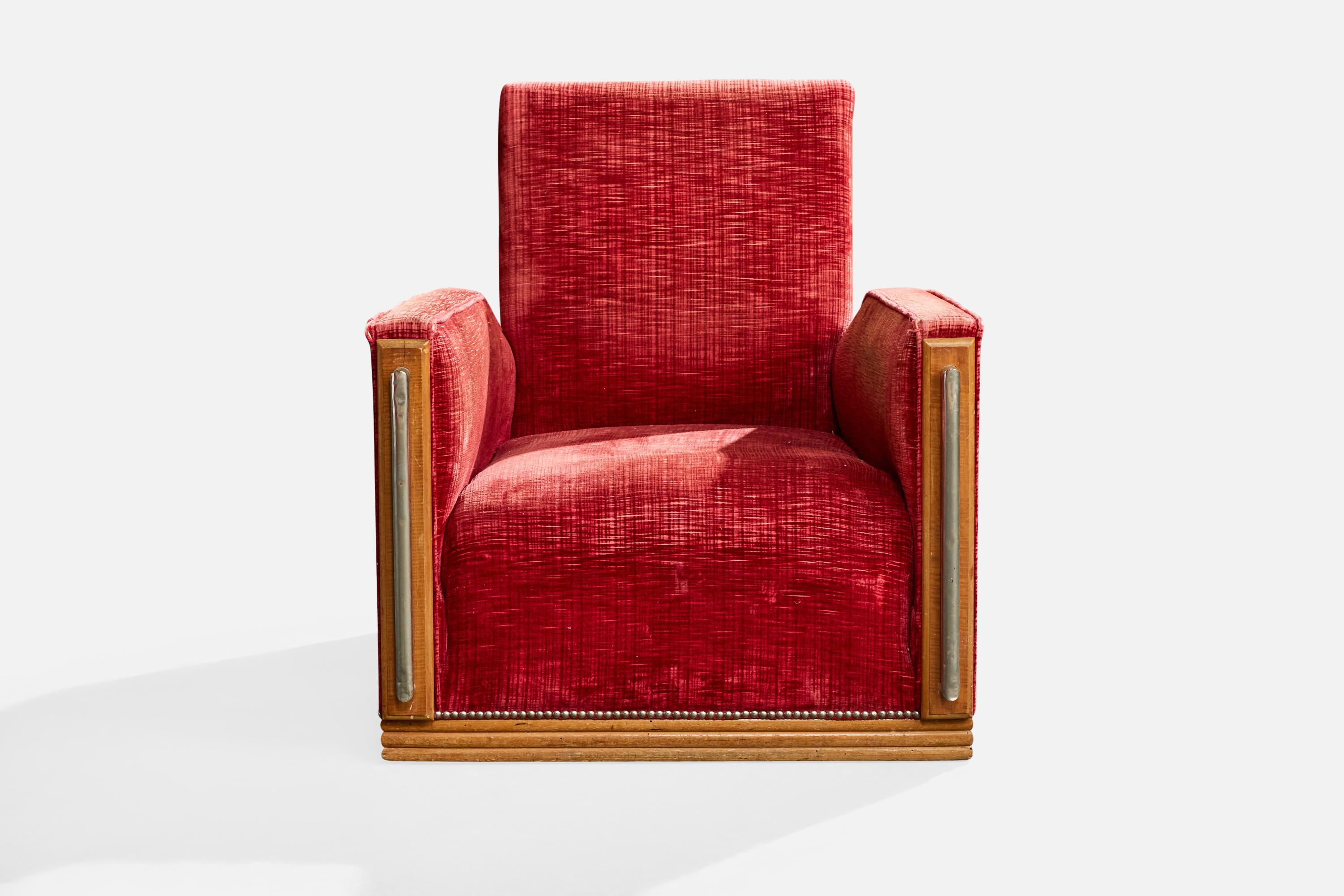 Français Designer français, chaise longue avec pouf, Wood, velours, métal, France, années 1930 en vente