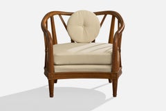 French Designer, Lounge Chair, Wood, Fabric, France, 1930s