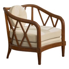 French Designer, Lounge Chair, Wood, Fabric, France, 1930s