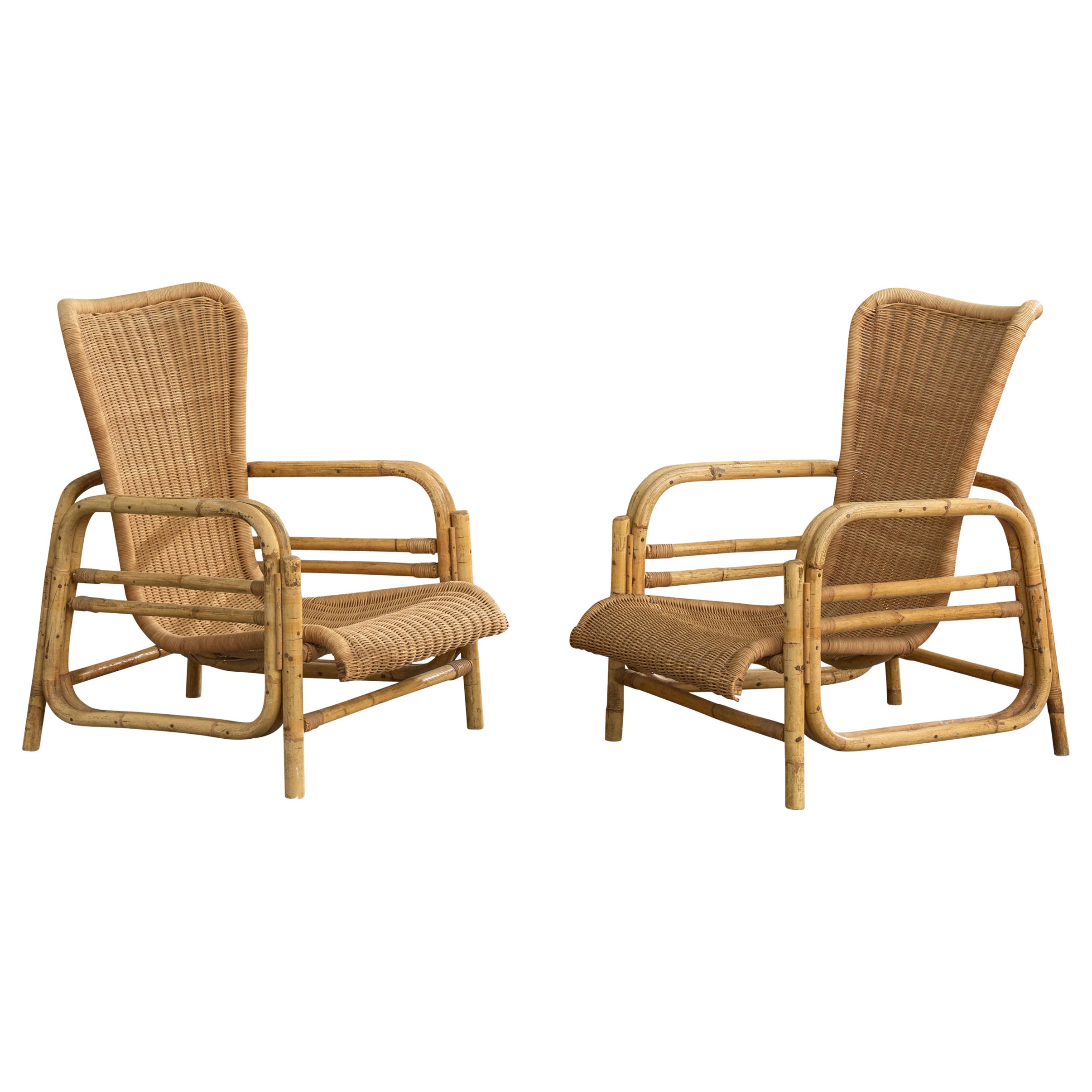 French Designer, Lounge Chairs, Bamboo, Rattan, France, 1960s