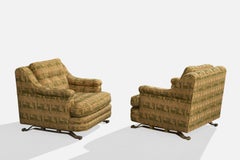 French Designer, Lounge Chairs, Fabric, Brass, France, 1950s