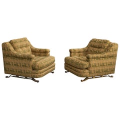 French Designer, Lounge Chairs, Fabric, Brass, France, 1950s