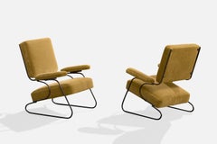 French Designer, Lounge Chairs, Iron, Fabric, France, 1950s