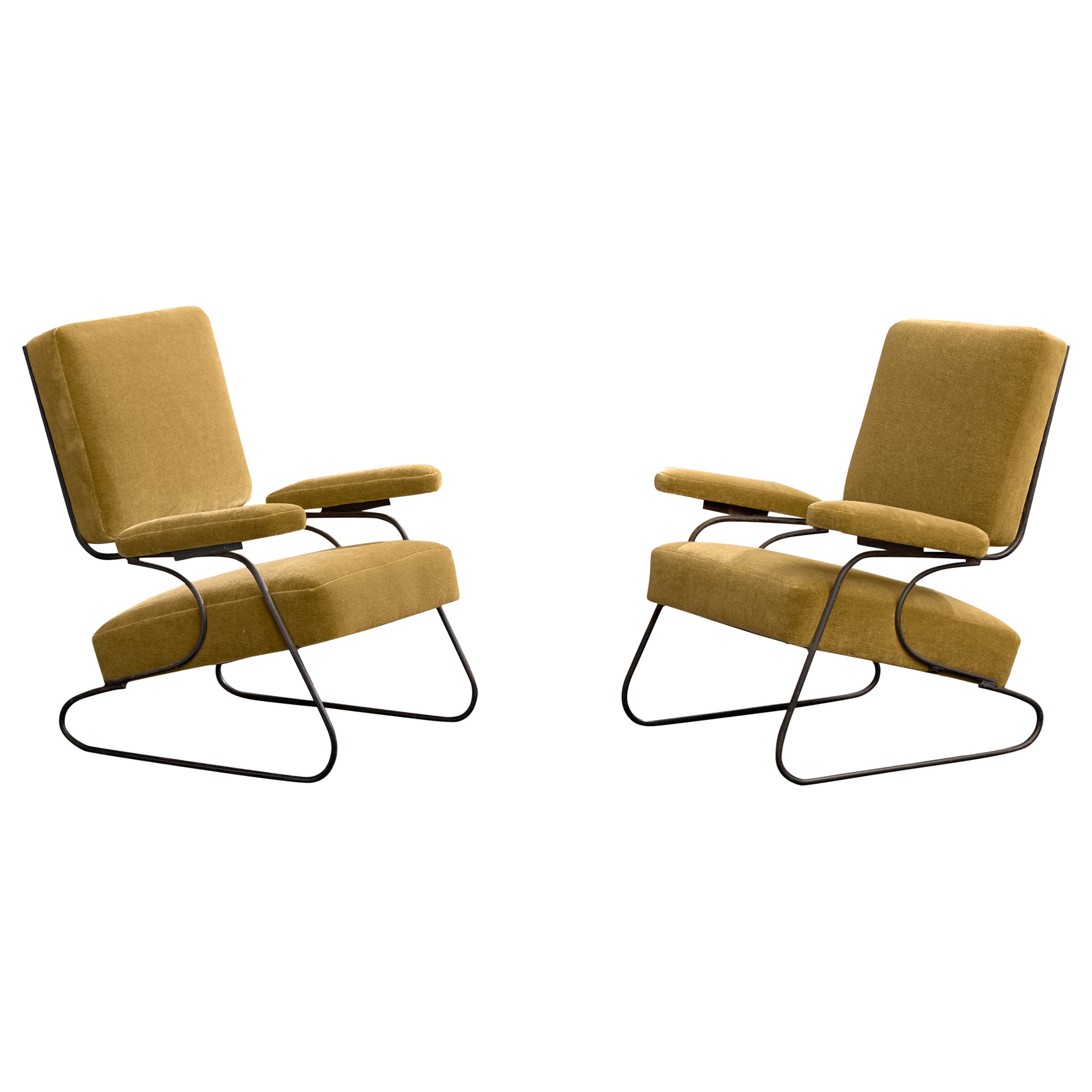 French Designer, Lounge Chairs, Iron, Fabric, France, 1950s