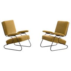 French Designer, Lounge Chairs, Iron, Fabric, France, 1950s