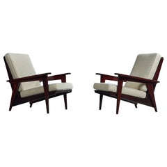 French Designer, Lounge Chairs, Mahogany, Fabric, France, 1960s