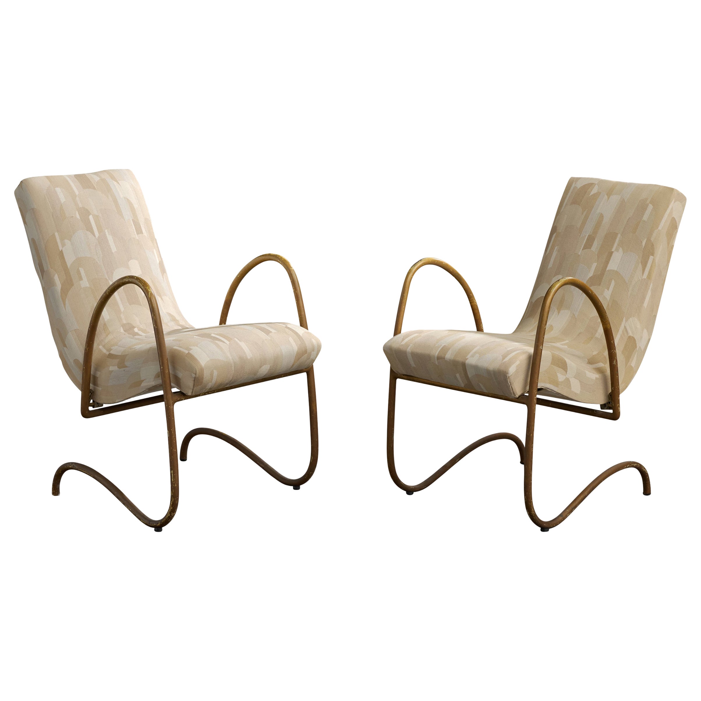 Französischer Designer, Lounge-Stühle, Metall, Stoff, Frankreich, 1930er Jahre im Angebot