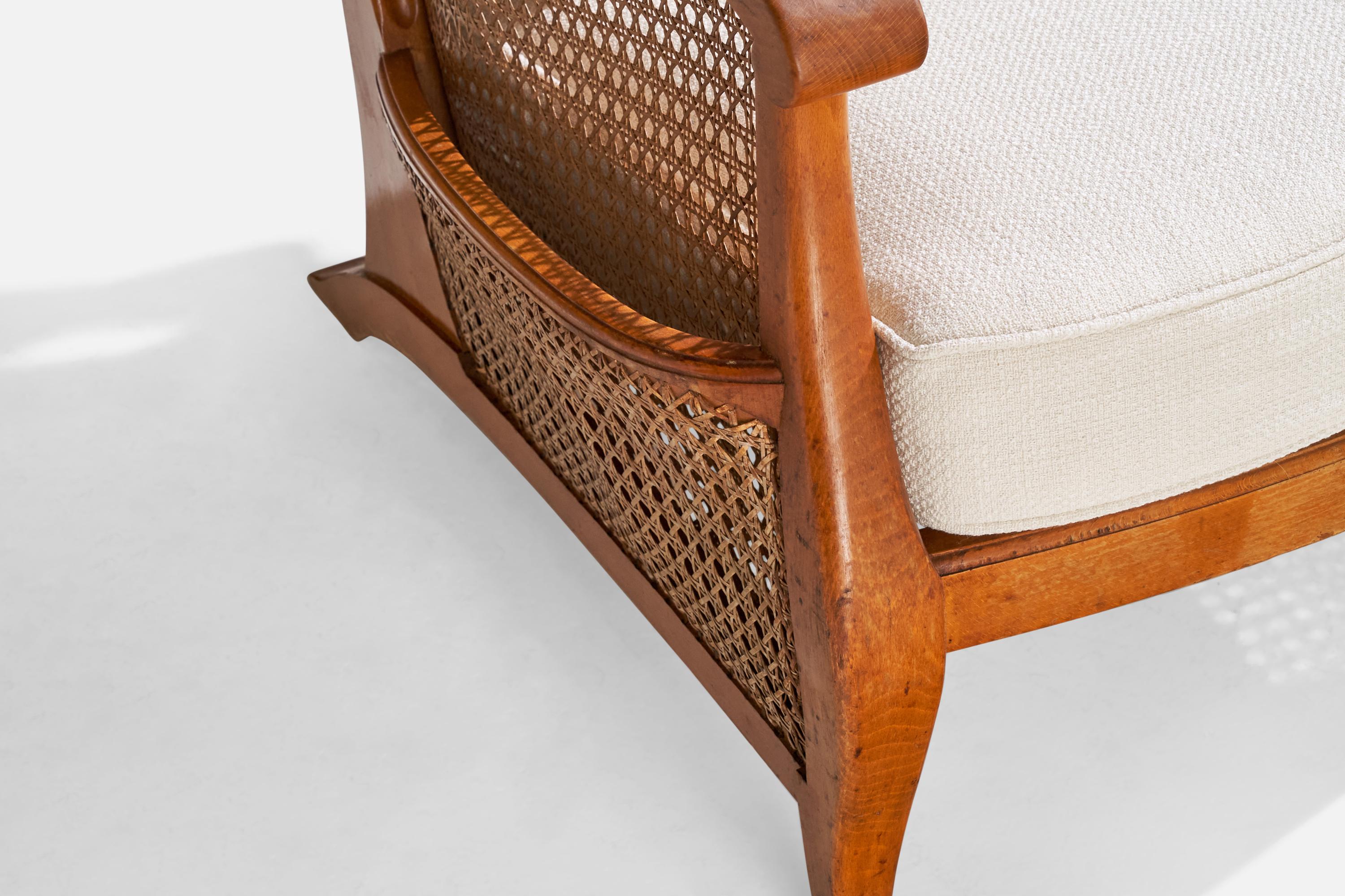 French Designer, Lounge Chairs, Oak, Cane, Fabric, France, 1940s For Sale 6