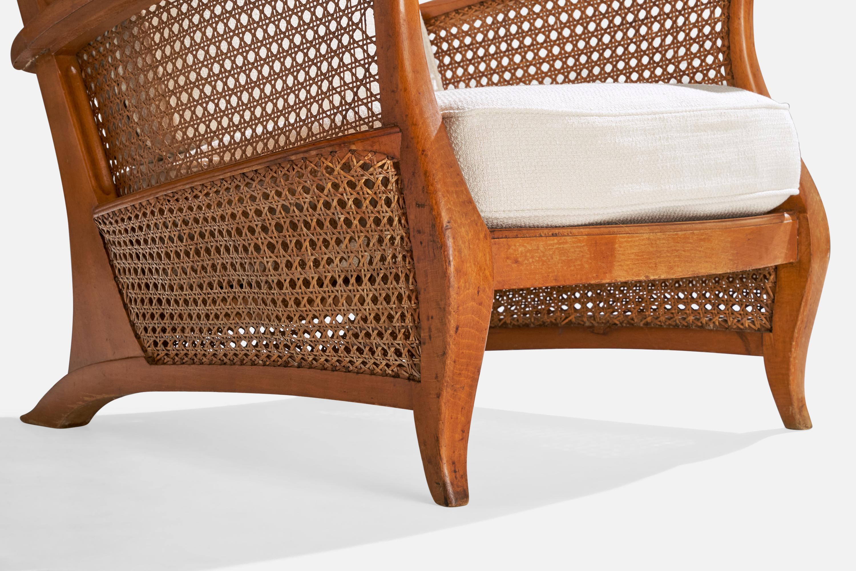 French Designer, Lounge Chairs, Oak, Cane, Fabric, France, 1940s For Sale 7