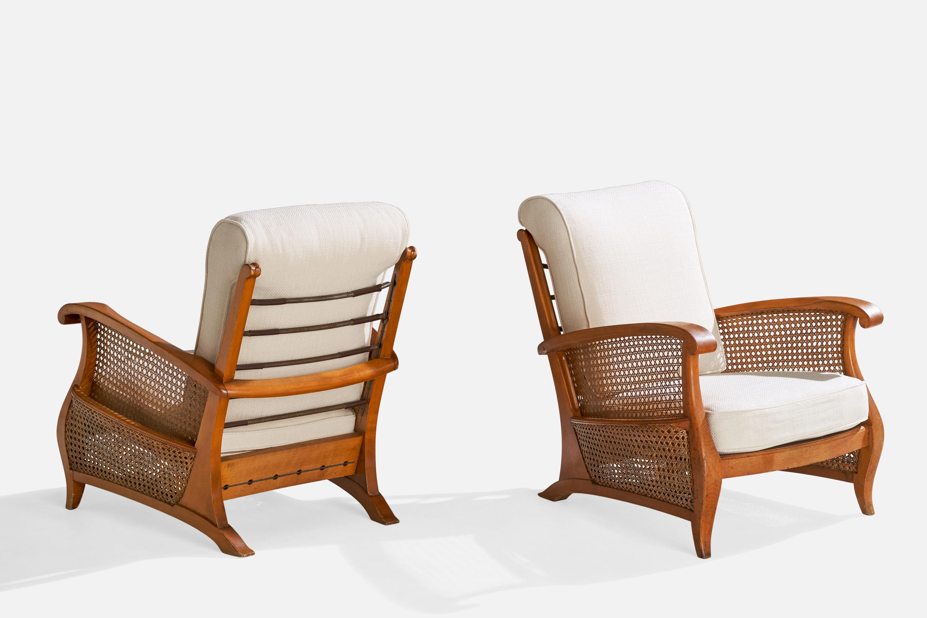 Mid-Century Modern French Designer, Lounge Chairs, Oak, Cane, Fabric, France, 1940s For Sale