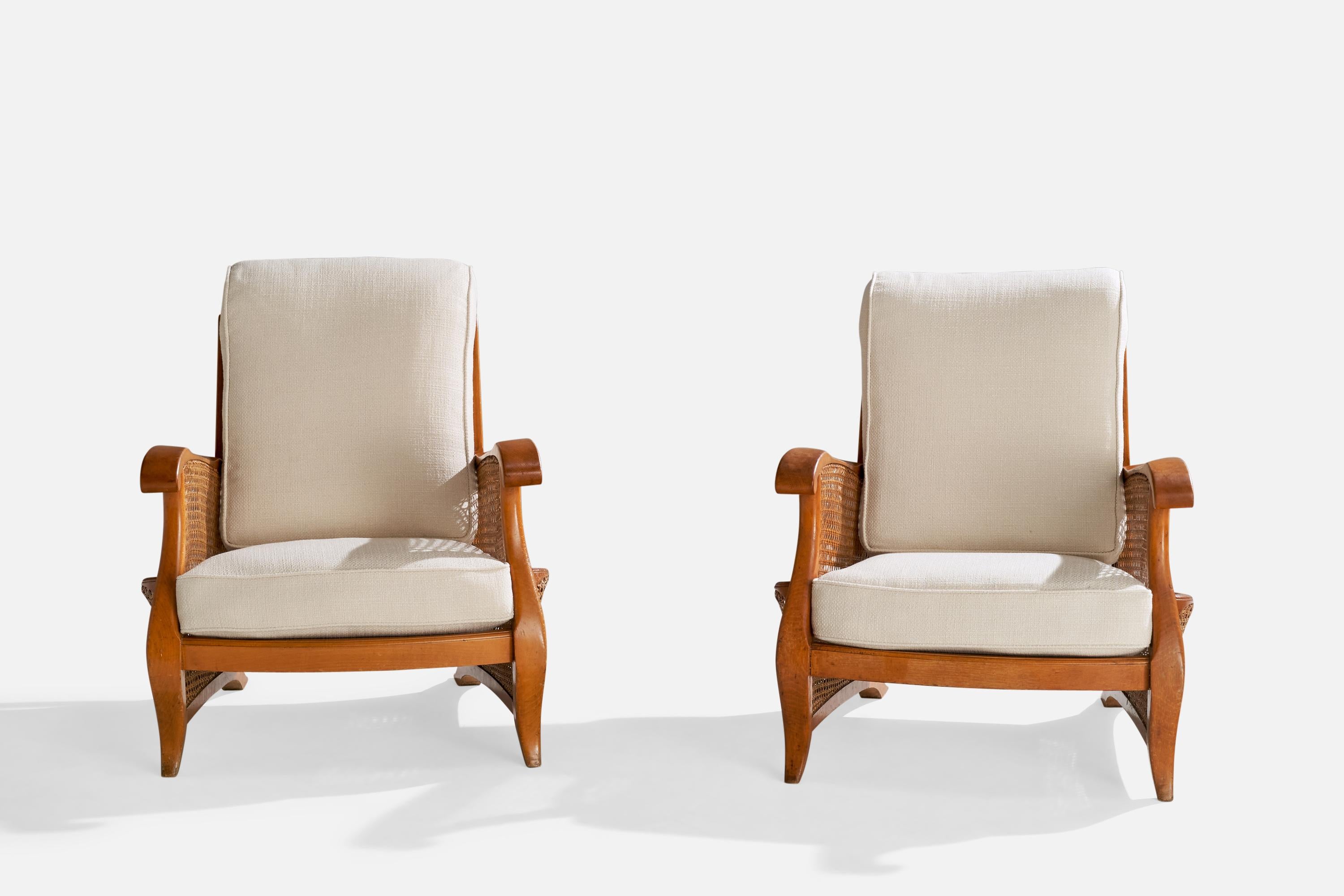 French Designer, Lounge Chairs, Oak, Cane, Fabric, France, 1940s In Good Condition For Sale In High Point, NC