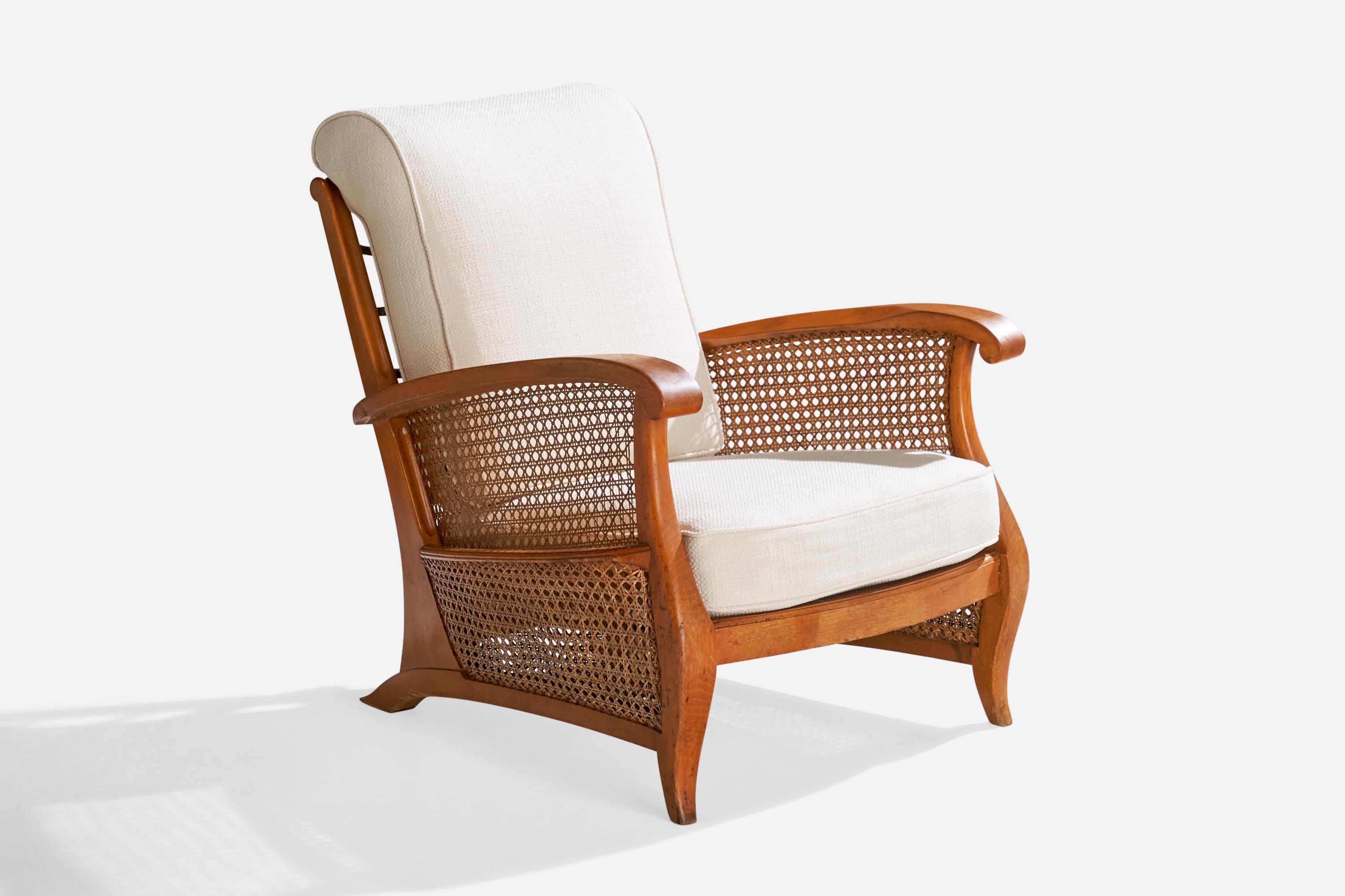 Mid-20th Century French Designer, Lounge Chairs, Oak, Cane, Fabric, France, 1940s For Sale