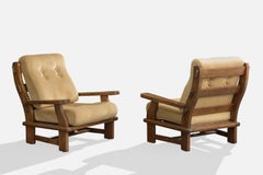 French Designer, Lounge Chairs, Oak, Fabric, France, 1960s