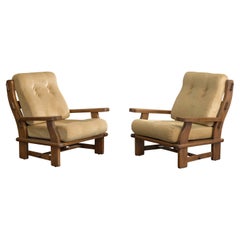 French Designer, Lounge Chairs, Oak, Fabric, France, 1960s