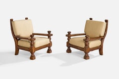 French Designer, Lounge Chairs, Oak, Fabric, France, 1970s