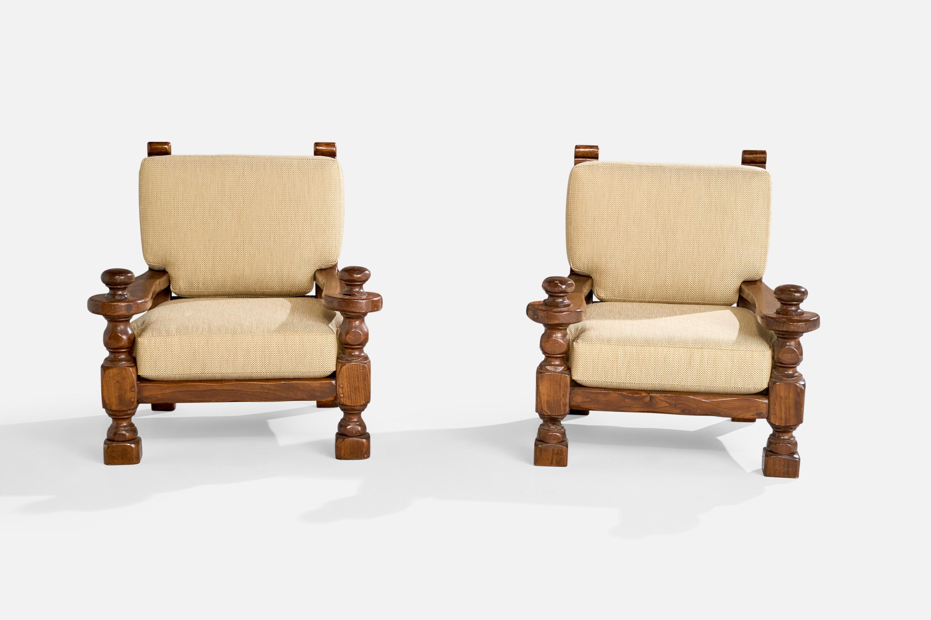 Francese Sedie da salotto di design francese, Oak, Tessuto, Francia, anni '1970 in vendita