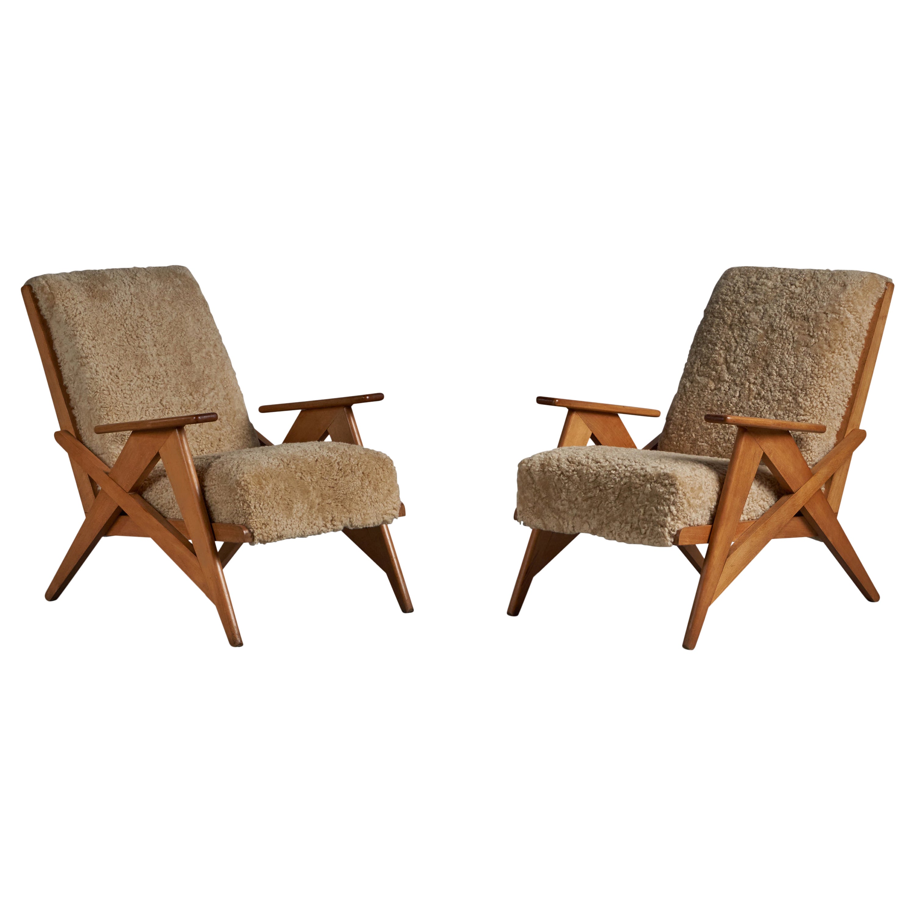 French Designer, Lounge Chairs, Oak, France, 1950s