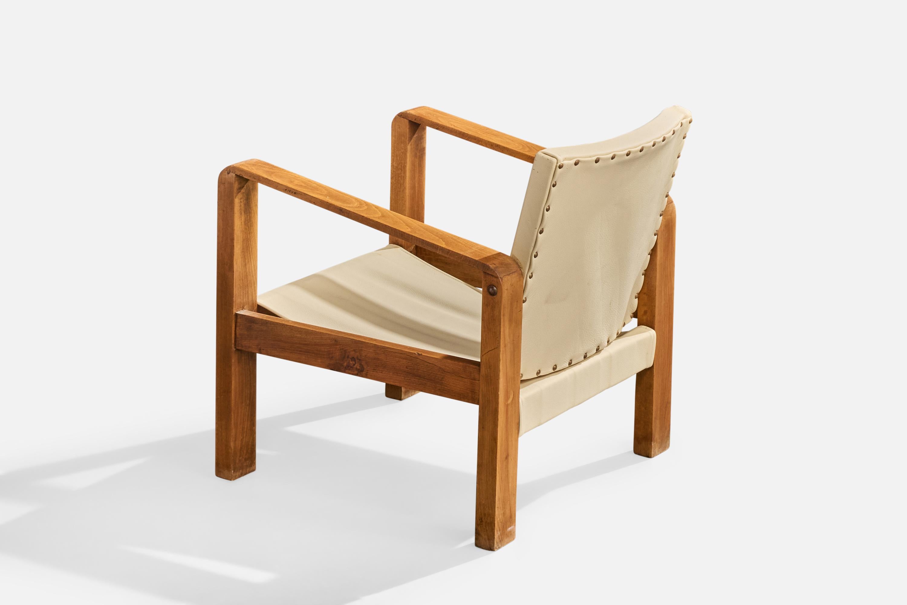 Französischer Designer, Lounge-Stühle, Eiche, Leder, Frankreich, 1930er Jahre im Angebot 5