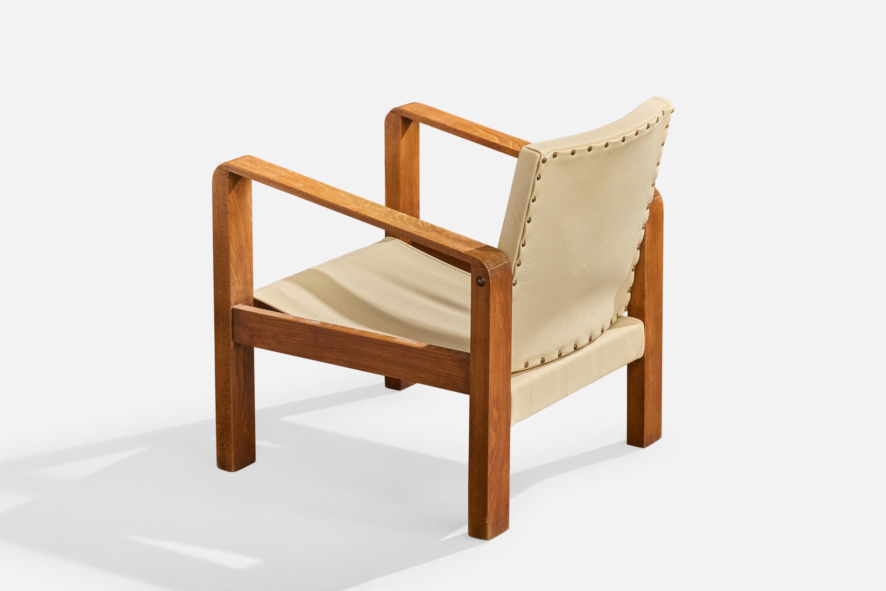 Französischer Designer, Lounge-Stühle, Eiche, Leder, Frankreich, 1930er Jahre im Angebot 6