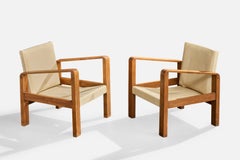 French Designer, Lounge Chairs, Oak, Leather, France, 1930s