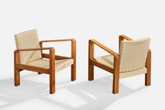 French Designer, Lounge Chairs, Oak, Leather, France, 1930s