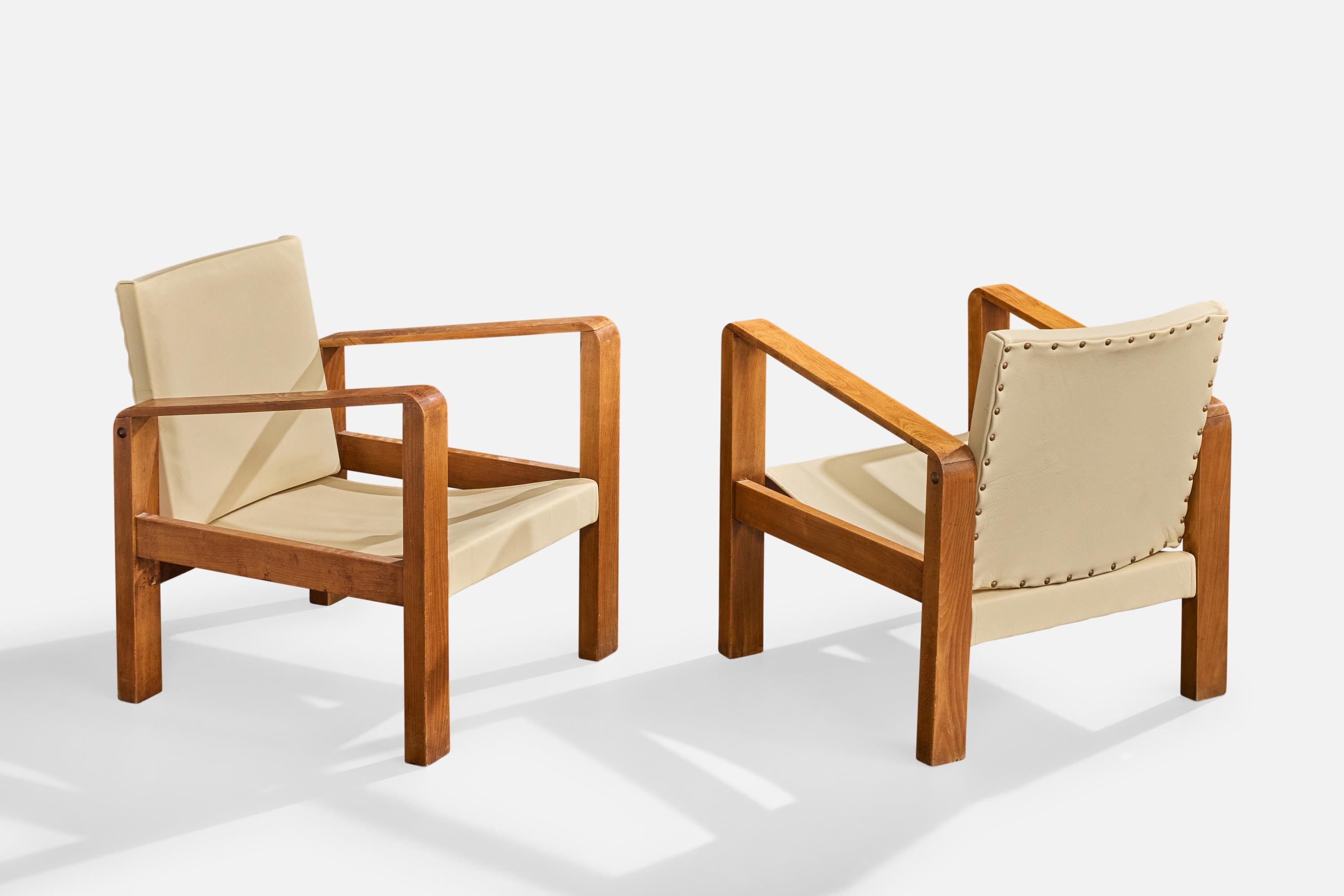 Französischer Designer, Lounge-Stühle, Eiche, Leder, Frankreich, 1930er Jahre (Moderne der Mitte des Jahrhunderts) im Angebot