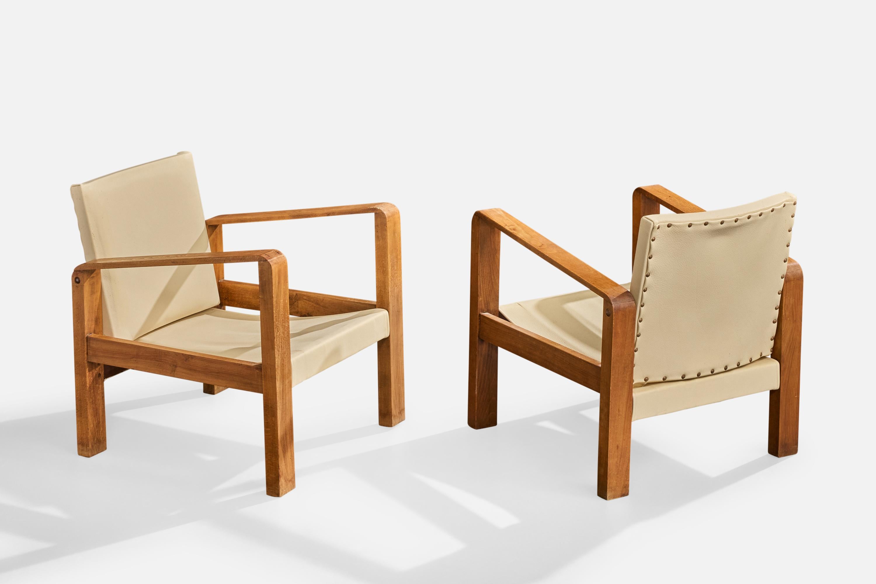 Französischer Designer, Lounge-Stühle, Eiche, Leder, Frankreich, 1930er Jahre im Angebot 2