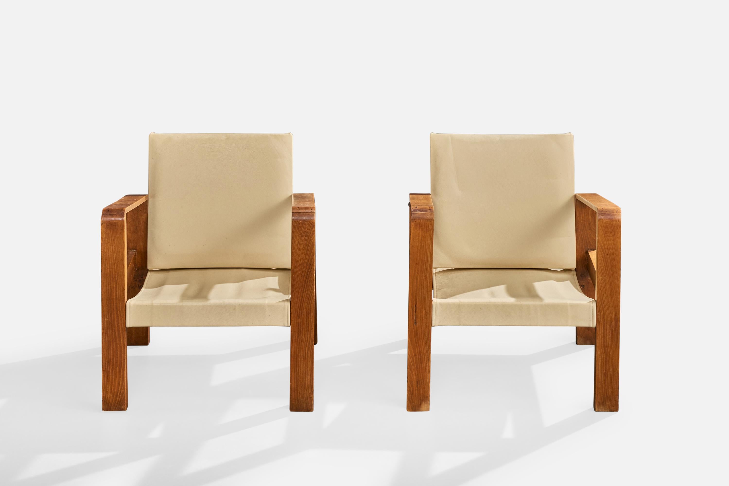 Französischer Designer, Lounge-Stühle, Eiche, Leder, Frankreich, 1930er Jahre im Angebot 4