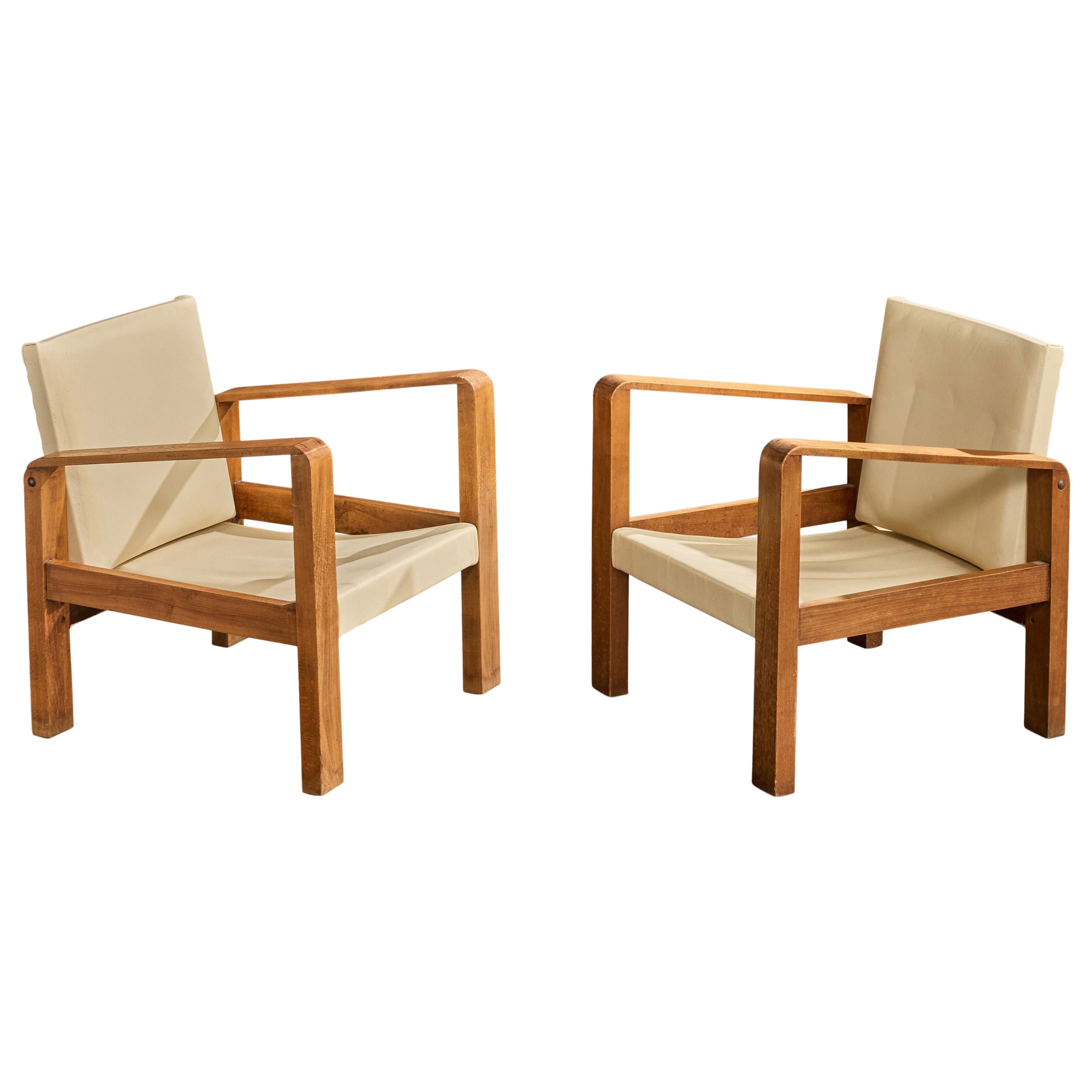 Französischer Designer, Lounge-Stühle, Eiche, Leder, Frankreich, 1930er Jahre
