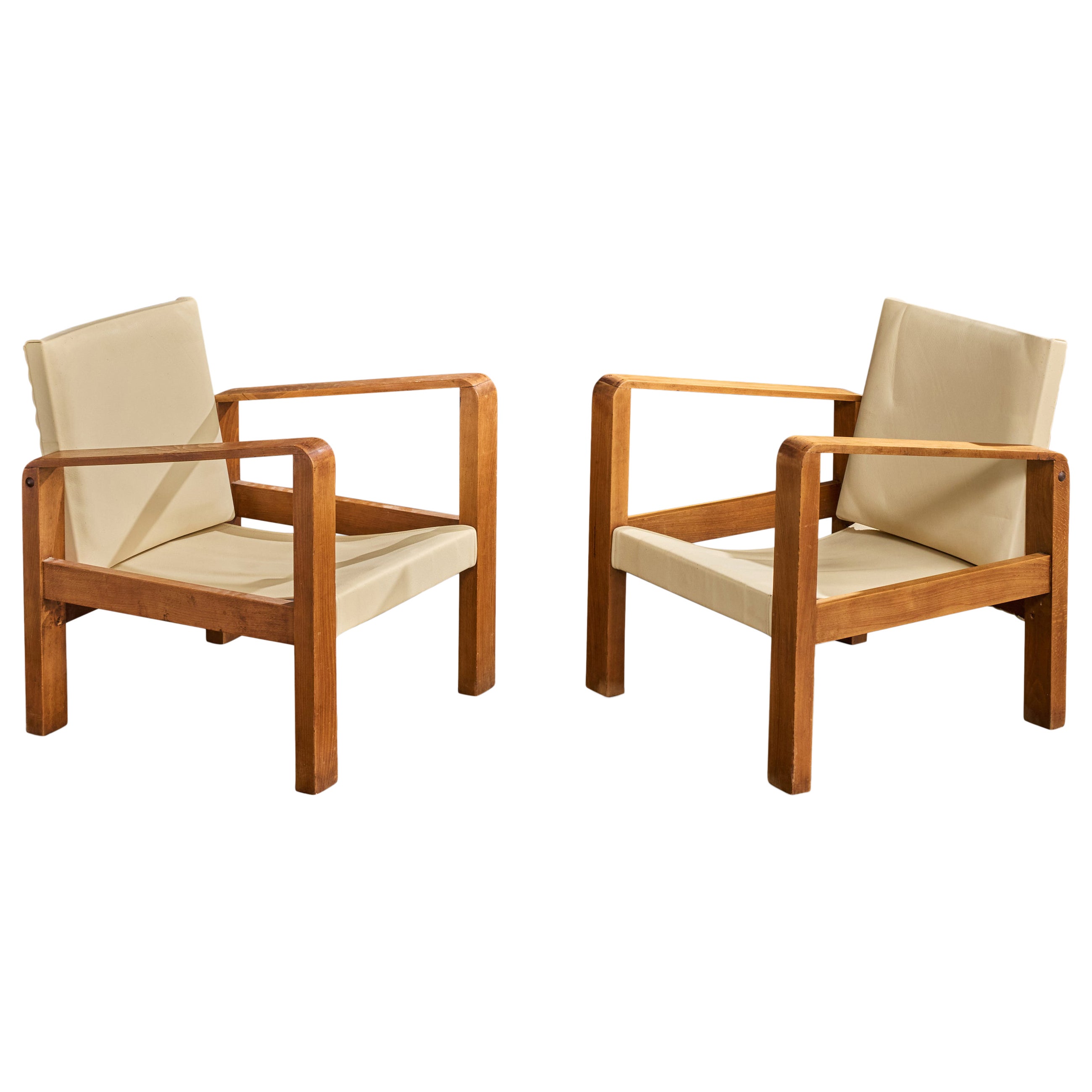 Französischer Designer, Lounge-Stühle, Eiche, Leder, Frankreich, 1930er Jahre im Angebot