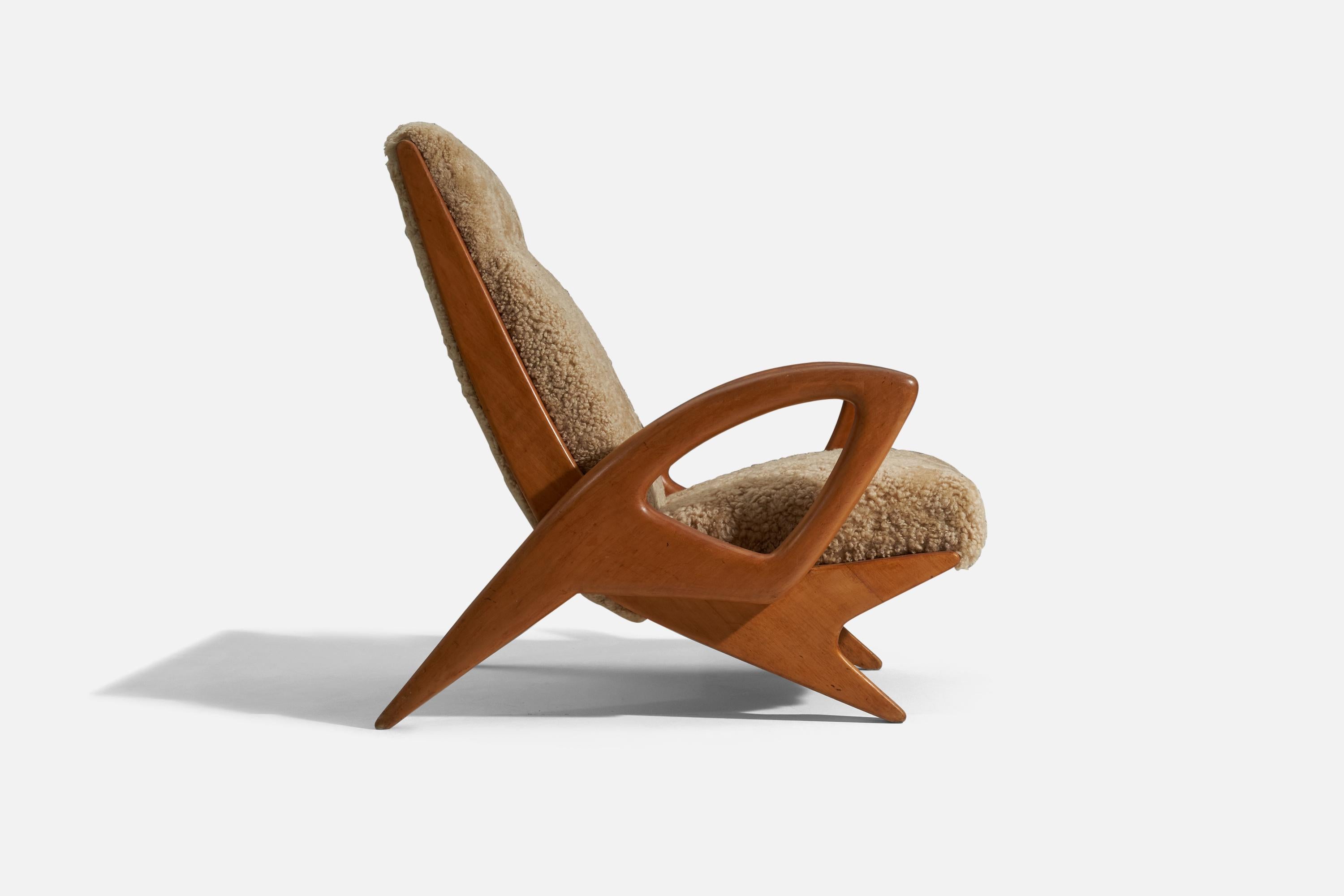 Mid-Century Modern French Designer, Lounge Chairs or Arm Chairs Solid Oak, Shearling, France, 1950s