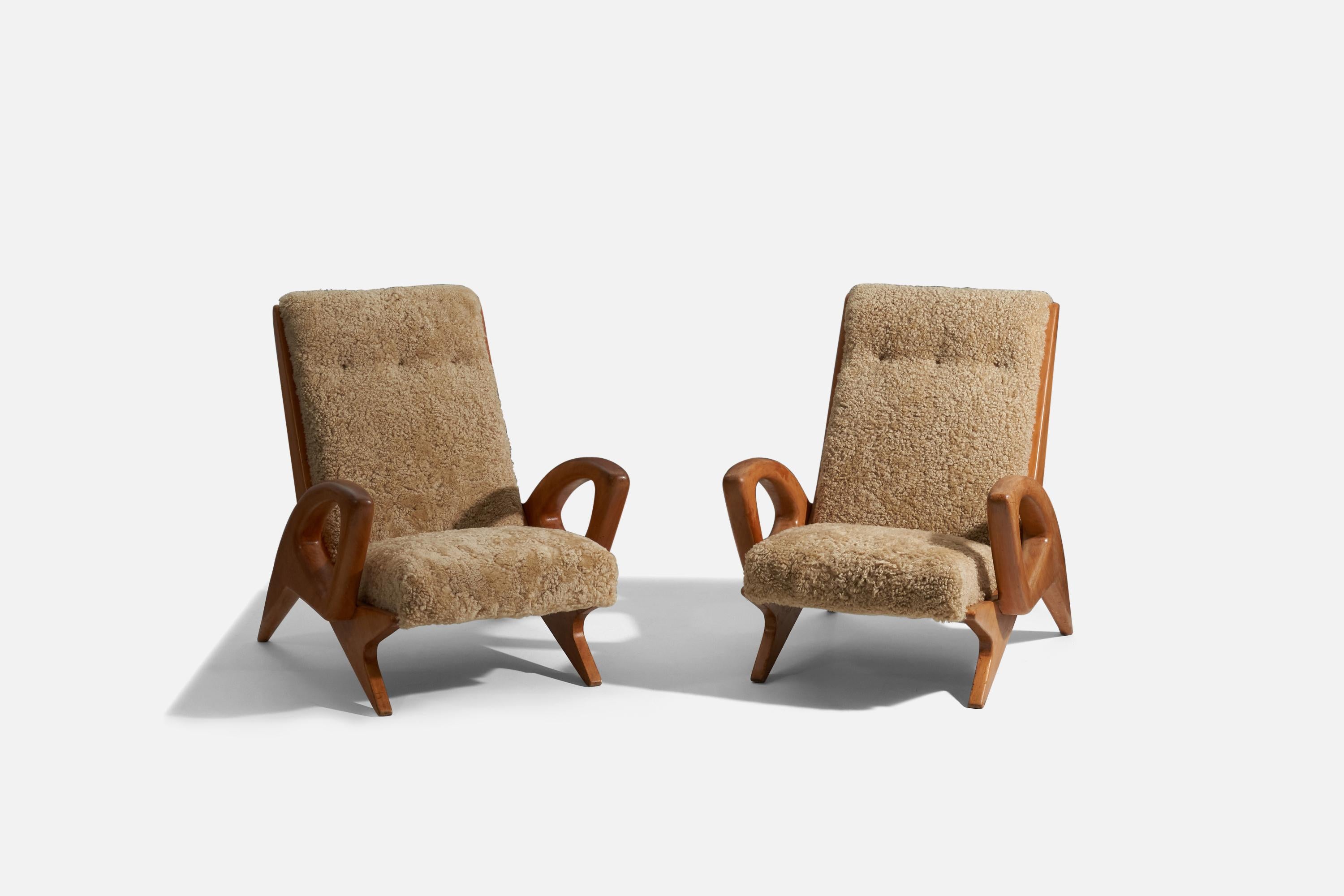 Mid-20th Century French Designer, Lounge Chairs or Arm Chairs Solid Oak, Shearling, France, 1950s
