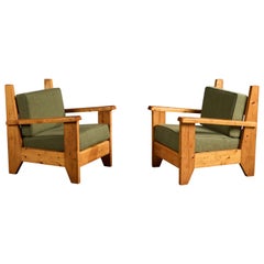 French Designer, Lounge Chairs, Pine, Fabric, France, 1960s