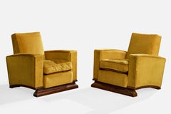 French Designer, Lounge Chairs, Wood, Fabric, France, 1930s
