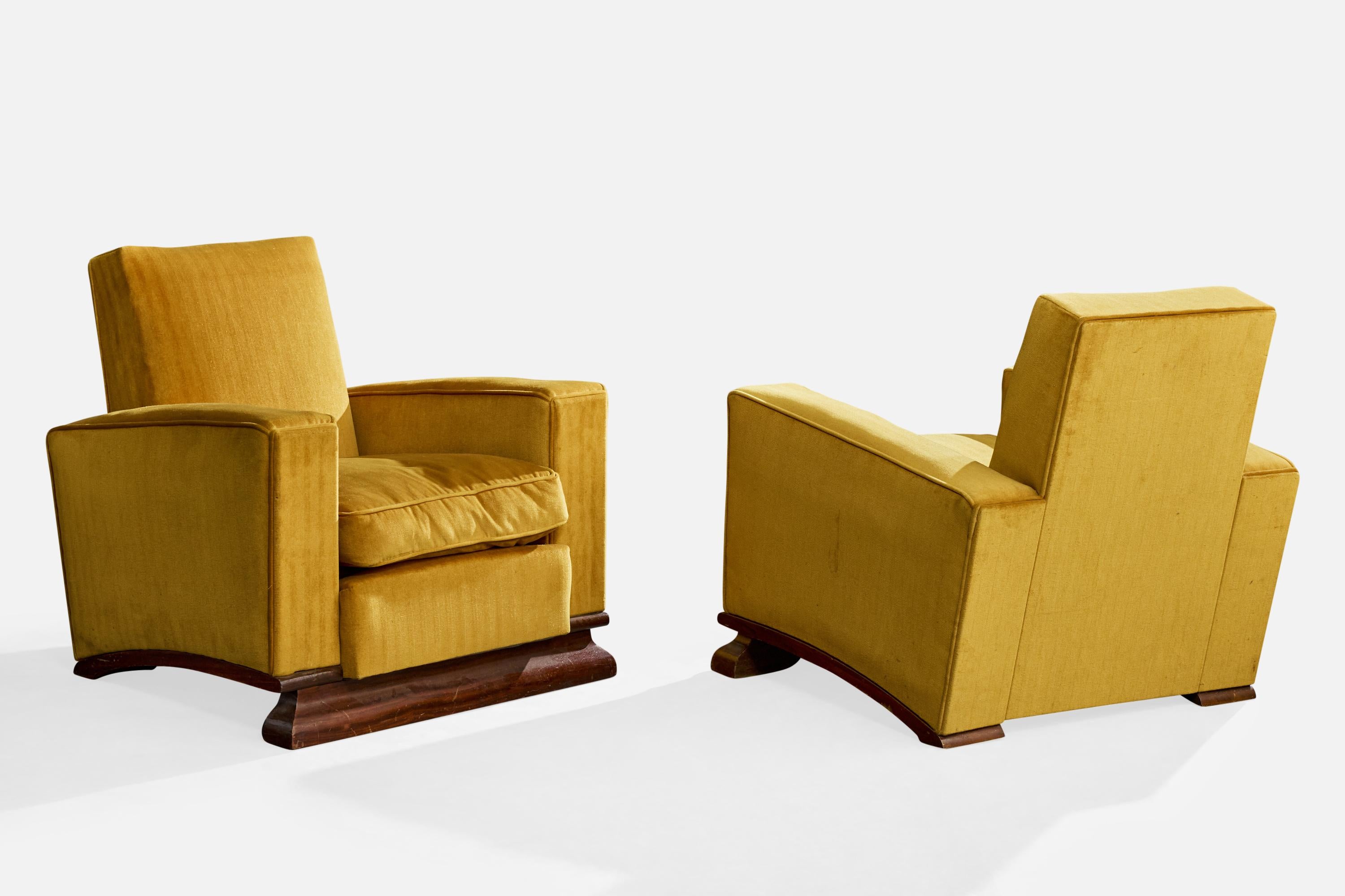 Mid-Century Modern French Designer, Lounge Chairs, Wood, Fabric, France, 1930s For Sale