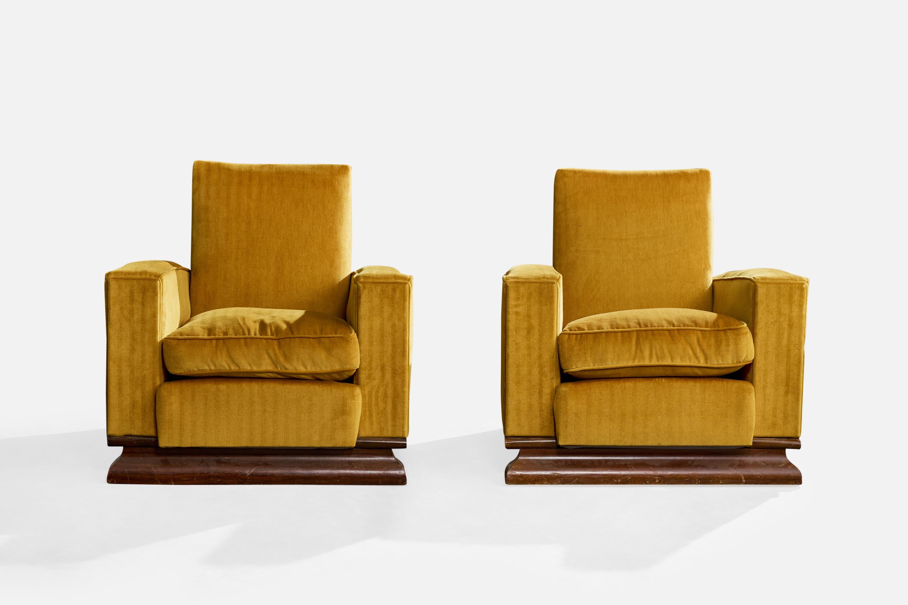 French Designer, Lounge Chairs, Wood, Fabric, France, 1930s In Fair Condition For Sale In High Point, NC