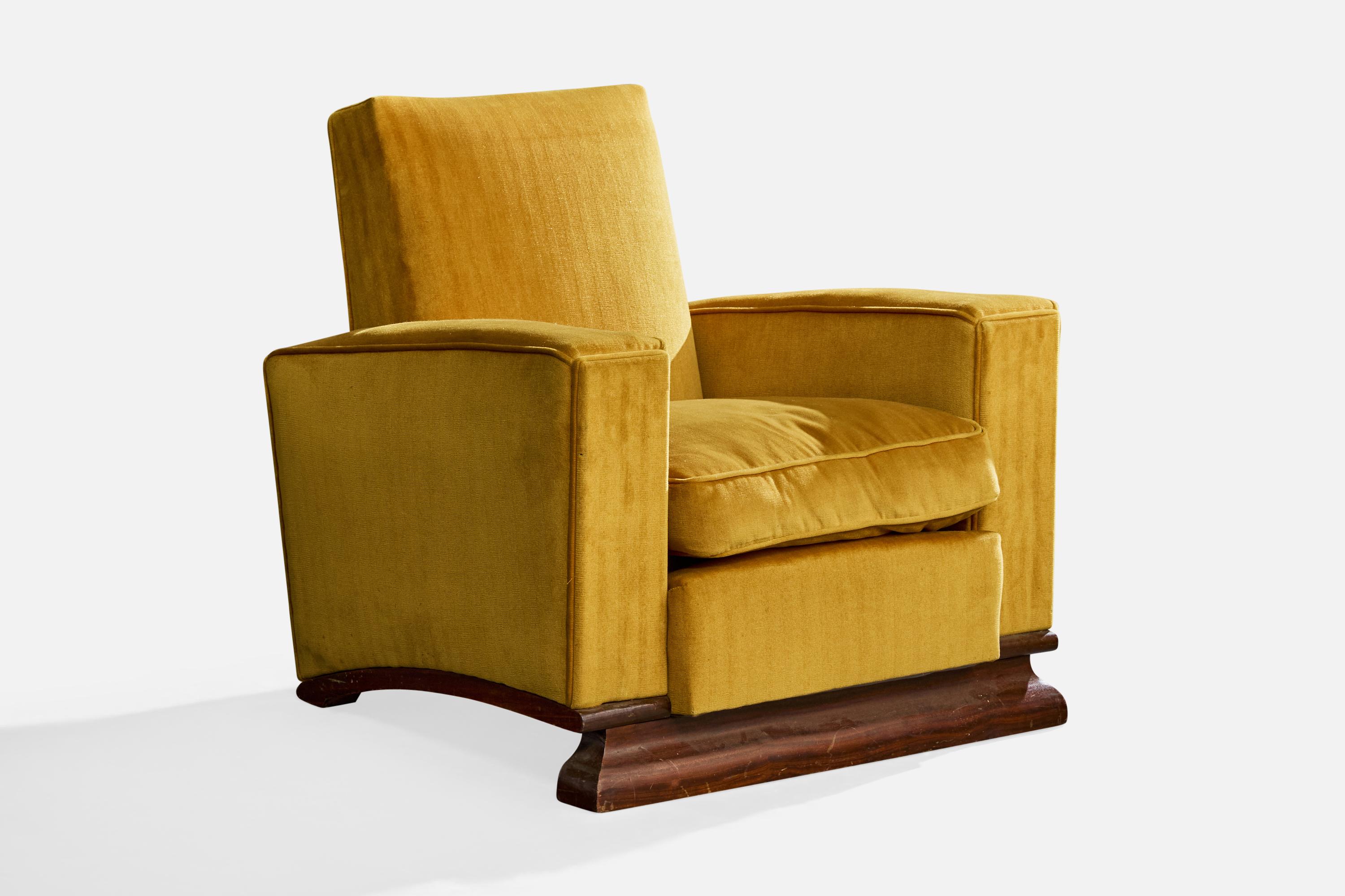 Mid-20th Century French Designer, Lounge Chairs, Wood, Fabric, France, 1930s For Sale