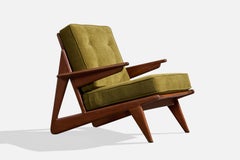 French Designer, Lounge Chairs, Wood, Fabric, France, 1950s