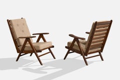 French Designer, Lounge Chairs, Wood, Fabric, France, 1950s