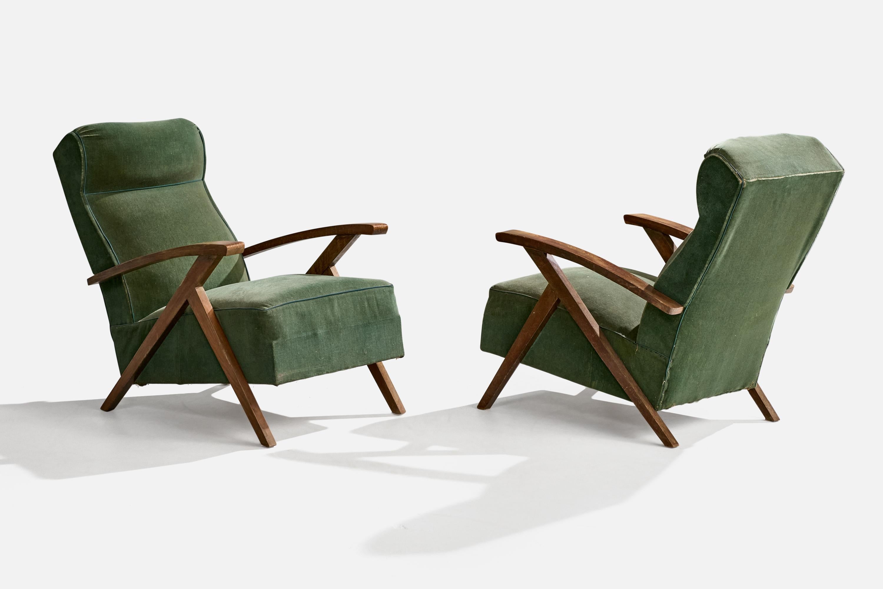 Mid-Century Modern French Designer, Lounge Chairs, Wood, Fabric, France, 1950s For Sale